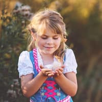 Bayerische Mädchennamen sind vielseitig. Ein kleines Mädchen im Dirndl steht auf dem Feld und hält eine Blüte in der Hand.