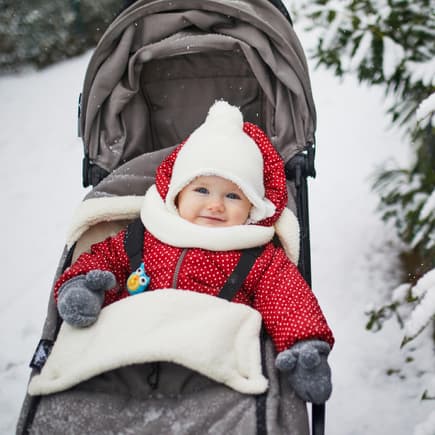 Januar-Kinder haben ganz besondere Eigenschaften Ein kleines Mädchen sitzt dick eingepackt im Kinderwagen, der im Schnee steht.