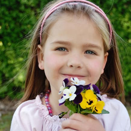 Kleines Mädchen zeigt eine der zwei Februar-Geburtsblumen in die Kamera: das Veilchen. Kleines Mädchen zeigt eine der zwei Februar-Geburtsblumen in die Kamera: das Veilchen.