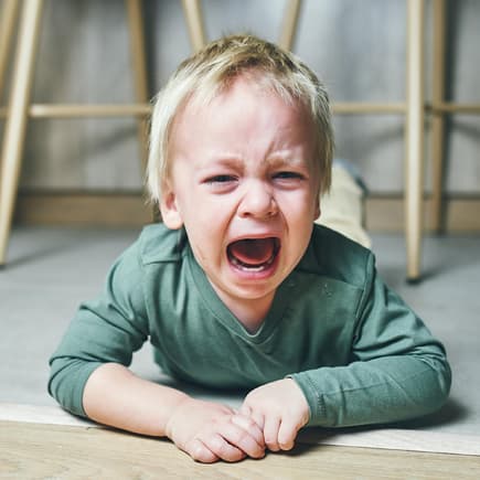 Wenn Kinder über den Tag Frust aufbauen, muss dieser irgendwann auch wieder raus. Schreiendes, am Boden liegendes Kleinkind.